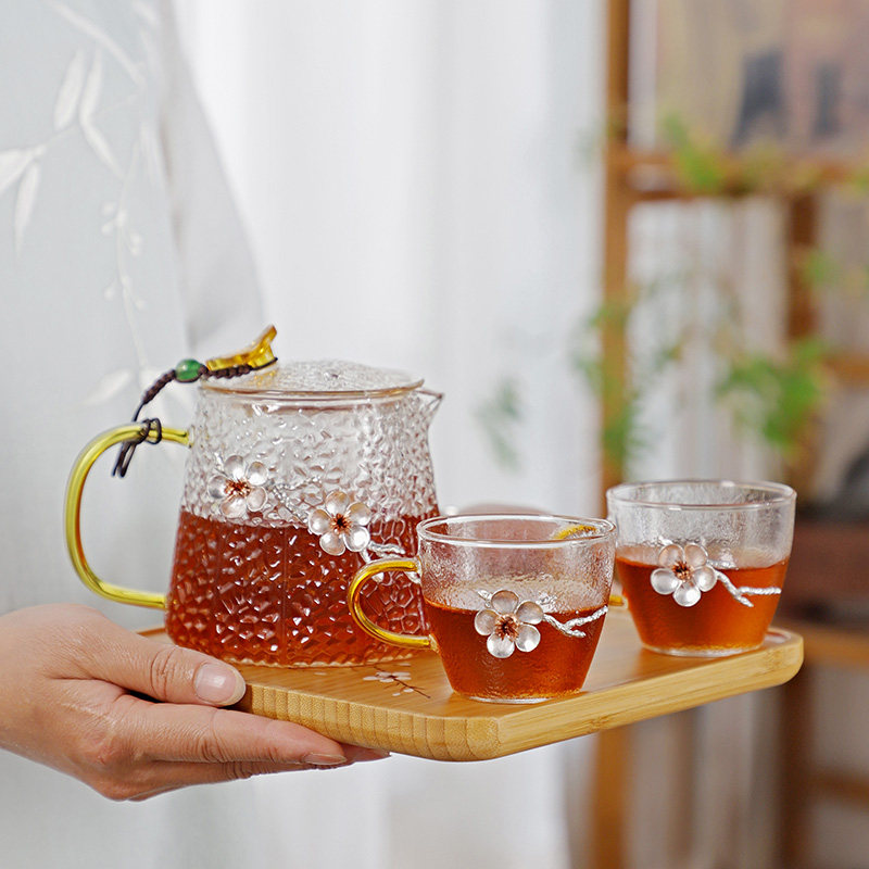 玻璃泡茶壶锤纹耐高温家用功夫泡茶器花茶壶煮茶水分离茶壶梅花