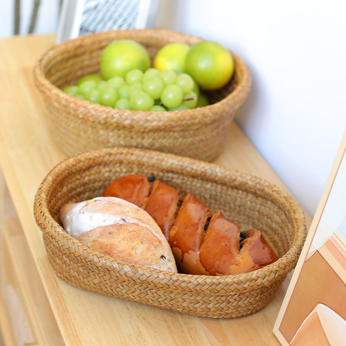 桂味源家用海草编织篮子手工家用杂物筐客厅糖果零食水果托盘圆形