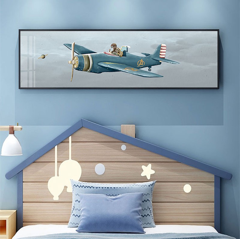 儿童房装饰画卡通飞机创意飞行员单幅男孩卧室房间床头背景墙挂画