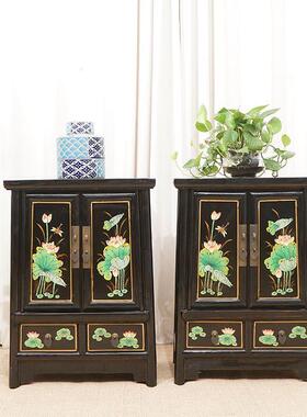 新中式实木柜KCL边柜收纳手柜卧室绿色小储头物柜床工彩绘矮柜大