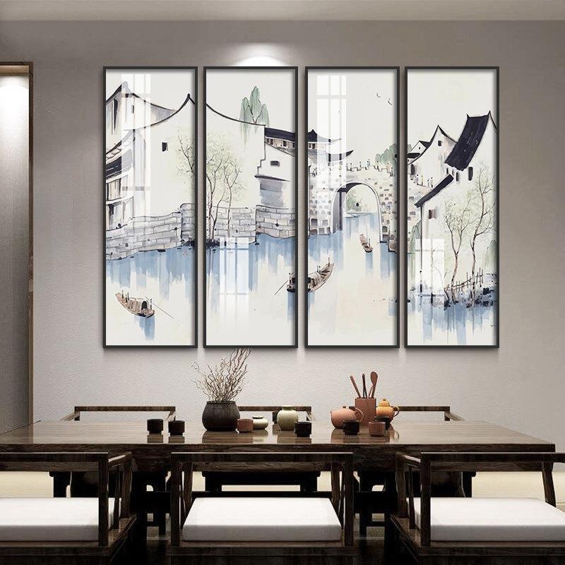 徽派建筑挂画新式客厅四联国装饰四画茶室酒店中幅HAZ组合壁画中