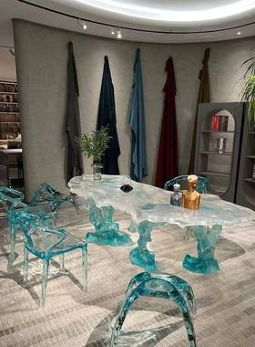 明水晶冰茶桌亚树TUE脂轻奢冰山桌子网红克力水波纹茶几冰岛川茶