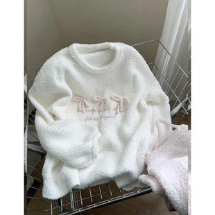 奶呼呼蝴蝶结半边绒睡衣女冬季加绒加厚家居服保暖长袖长裤两件套