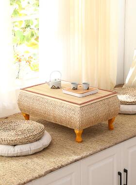 9CF768M75M飘窗木小桌子日式草矮编榻榻编米茶几实收纳小方桌藤炕