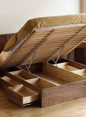 北美黑桃木高箱床1.m双人床现代8简实64327木樱桃木悬约浮储物胡