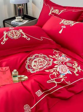 高CNA档奢中式刺绣婚庆四件华套大红色被单套结床婚床上用品结婚