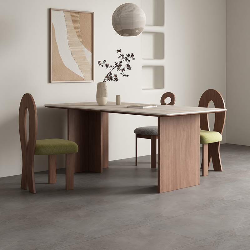 法式复古小户型餐桌椅洞石岩板胡桃色长方形设计师餐桌