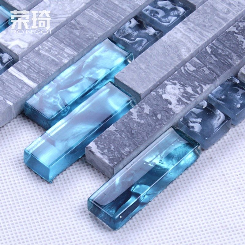 蓝色大理石水晶玻璃长条马赛克会所酒吧别墅餐厅背景墙不锈钢瓷砖