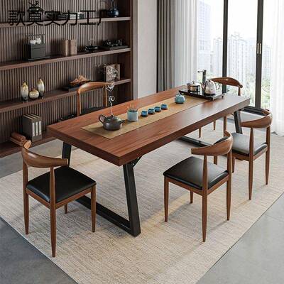 实木色茶桌椅合一桌组五椅LIT喝茶桌新中商谈办公大板泡茶桌茶式