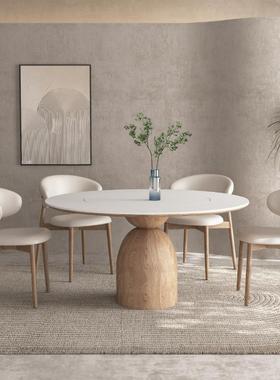 ft原木奶油风岩圆餐桌家用带转白色饭桌RYK设计师板盘日式实木桌