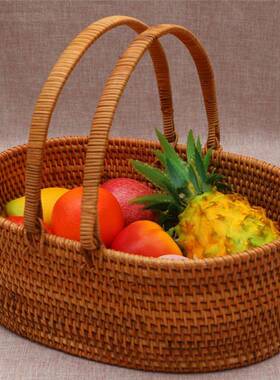 家用时尚简约把手篮纳款果水果篮收筐客BIF厅圆形水果盘置物椭圆