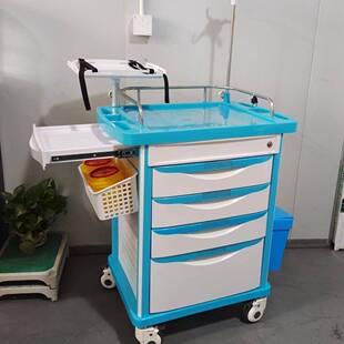 ABS抢救车四抽屉蓝色多功能急救车带垃圾桶杂物篮静音复苏板推车