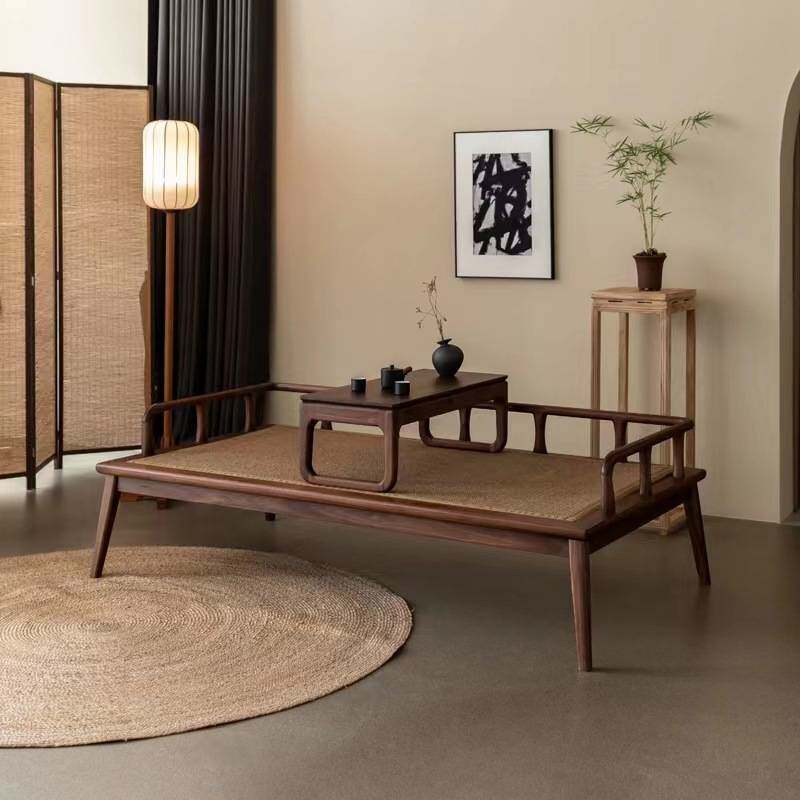 北美樱桃木新中式沙发床禅意黑胡桃木罗汉床现代简约客厅茶室原木