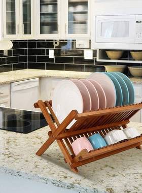 热卖柚木碗碟木沥架折叠层厨房2XVG制水餐具可折叠盘子晾干架