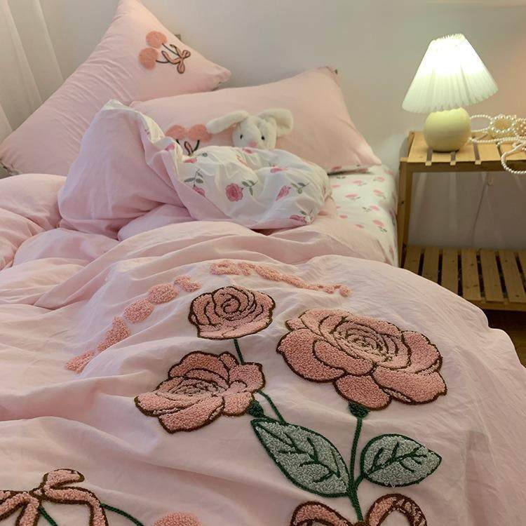 仙女色玫瑰刺绣被NOR件套田园碎花床单宿四舍床三粉件套学生套宿