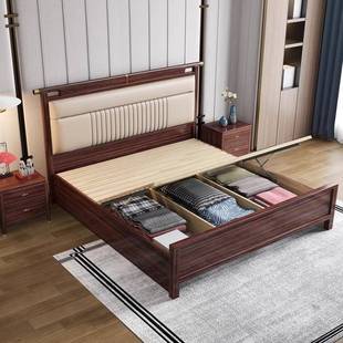 新中式 乌金木实木床1.8米IXP储人卧双室高箱物软包软2.0米别靠墅