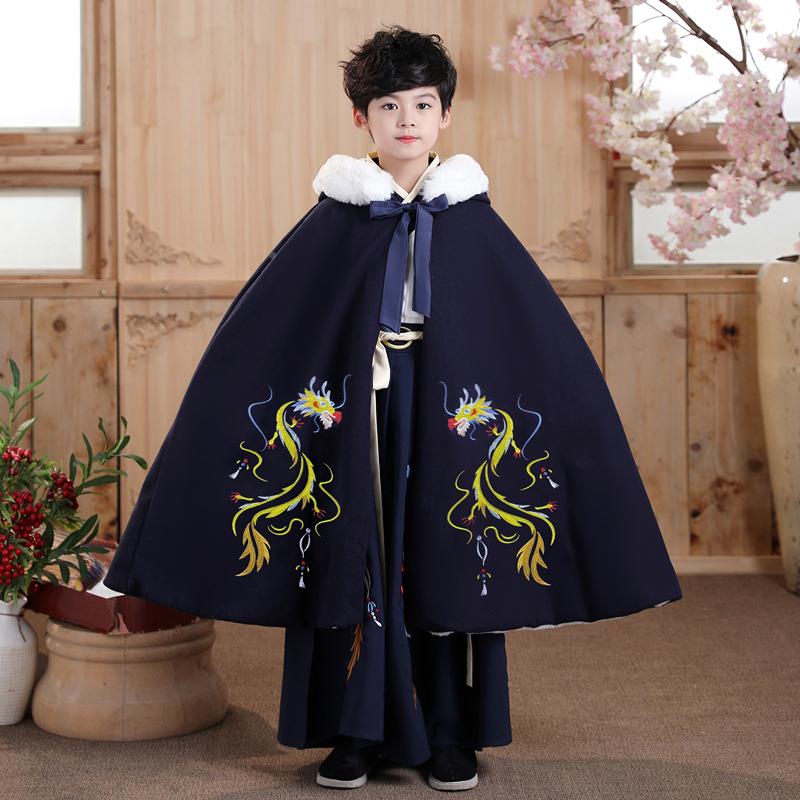汉服男童冬加绒厚披风斗篷款季复古帅气中RXF国风2024新拜加年服