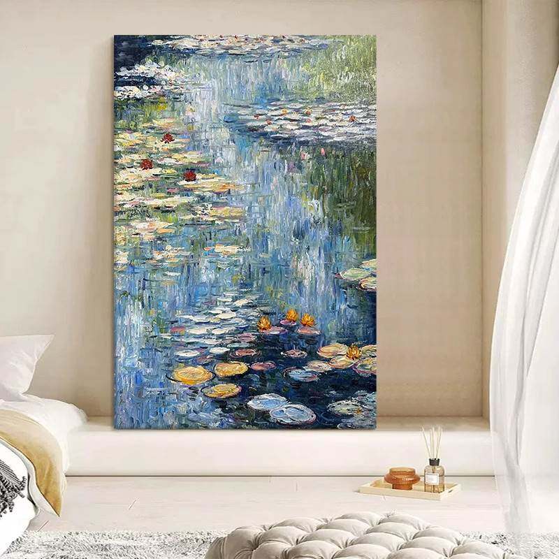 世界名画莫奈睡莲手绘油画玄关印象派肌理装饰画客厅荷塘风景挂画