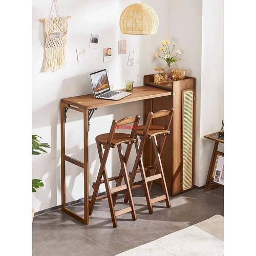 日式可折叠藤餐边柜一体家用断免隔VKL安装高脚椅吧桌台桌编淡咖