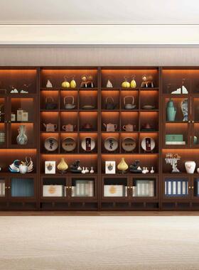 博古QOZ架带新式置物架中国风展示柜玻璃门灯茶柜带古茶中室多宝