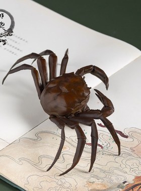 黄铜螃蟹公母一对八方来财办公室茶宠摆件茶道茶玩茶台桌面装饰品
