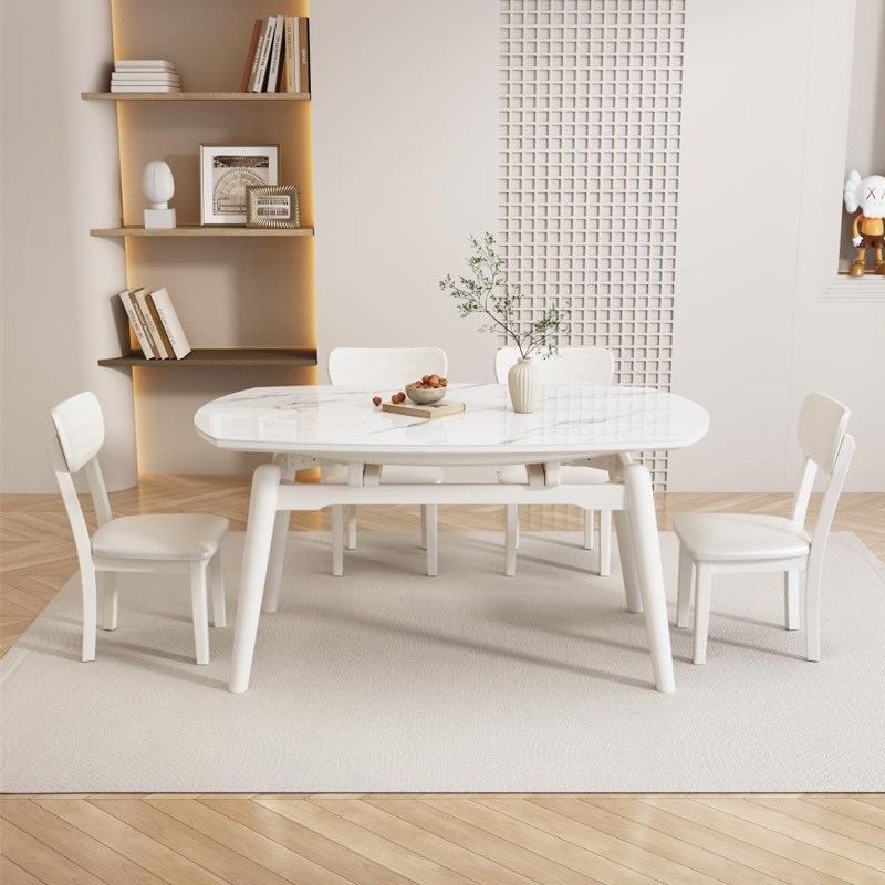 岩板餐桌椅家用小户型奶油原木风可伸缩圆桌现代简约实木饭桌