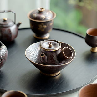 拓土老岩泥铁锈红赤金侧把壶茶壶单壶粗陶茶壶家用室内陶瓷侧把壶