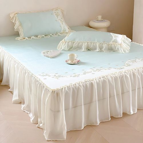 小清新夏季冰丝凉席三件套可水洗少女心刺绣床裙款1.5米m空调软席