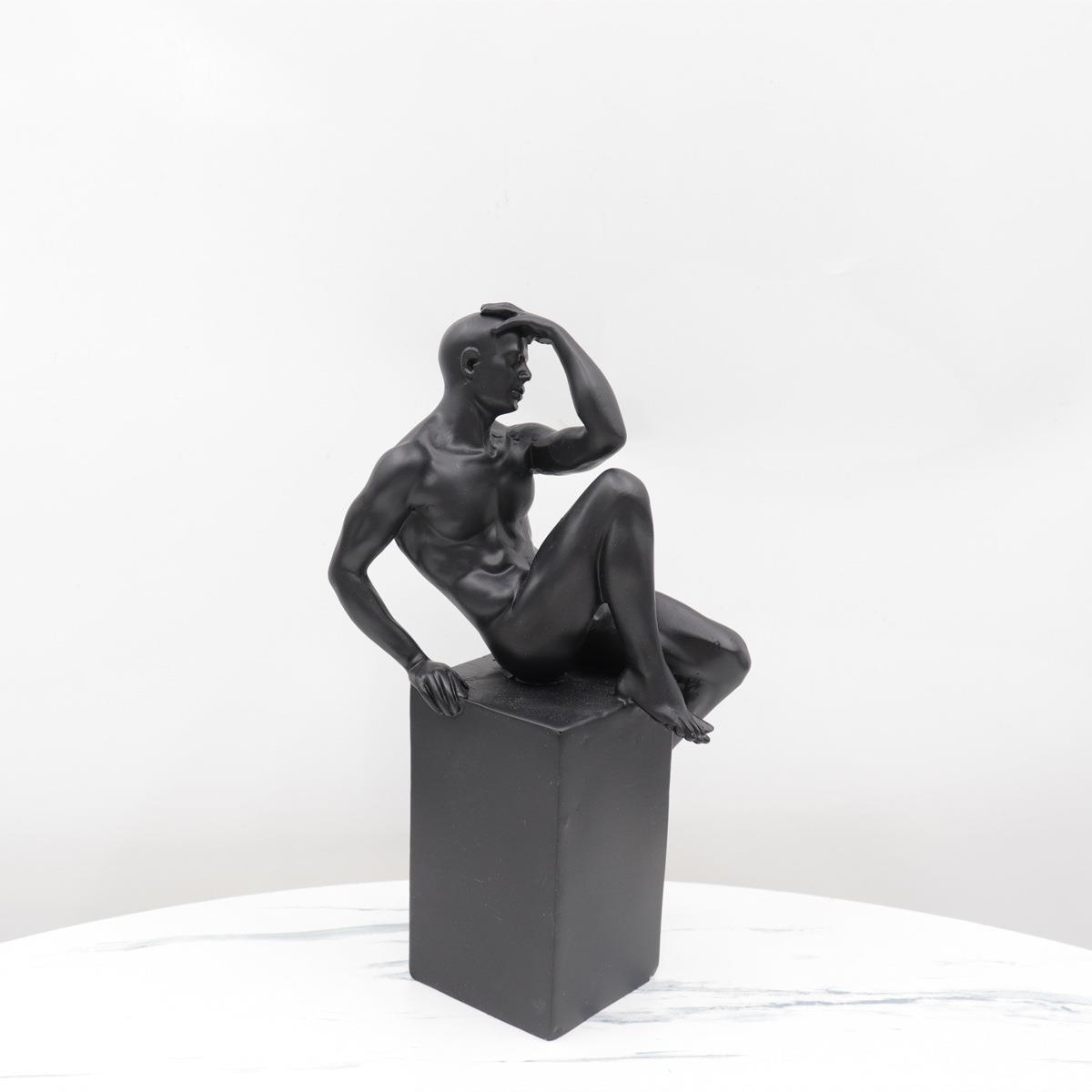 现代简约黑色抽象人像雕塑摆件样板房售楼处玄关坐姿人物软装饰品