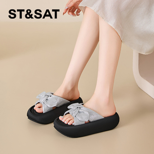 星期六2026年夏季新款一字拖女款蝴蝶结水钻时尚百搭沙滩凉拖鞋子