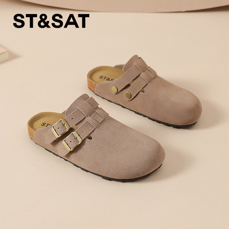 星期六勃肯半拖鞋女2026春季新款真皮厚底复古外穿一脚蹬半拖凉鞋