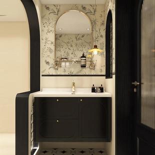 黑色法式复古浴室柜组合橡木烤漆岩板无缝卫生间洗漱台陶瓷一体盆