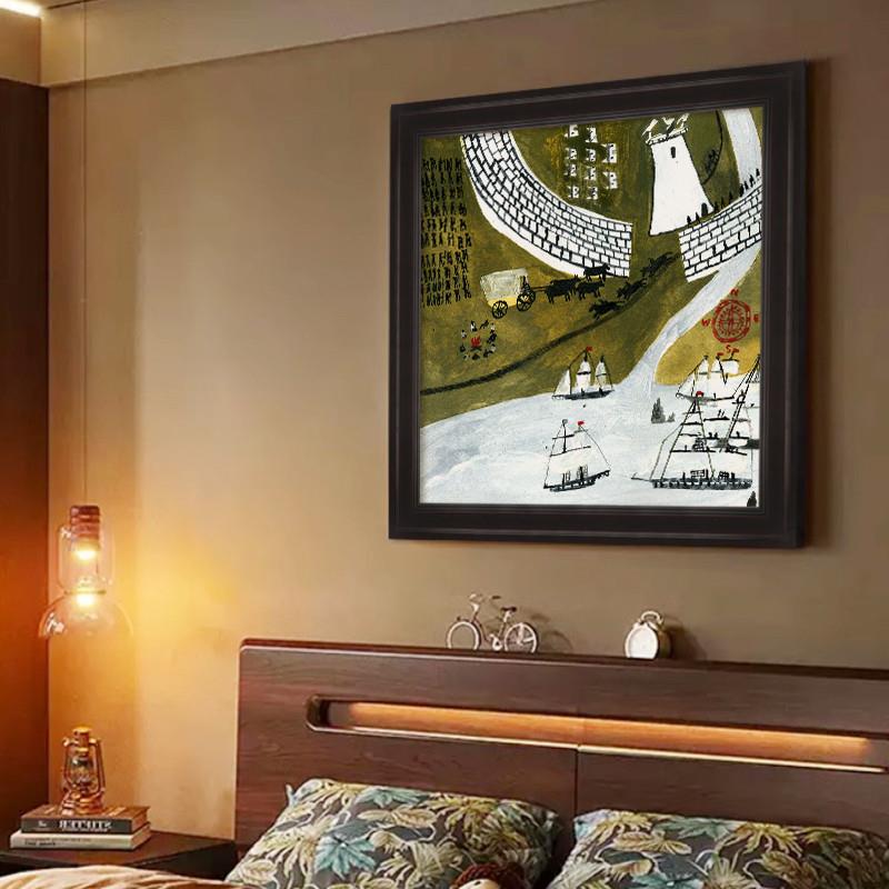 方形艺术中古风客厅装饰画马车建筑餐厅玄关挂画小船流水手绘油画