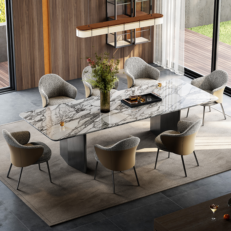 意式极简天然大花白大理石餐桌