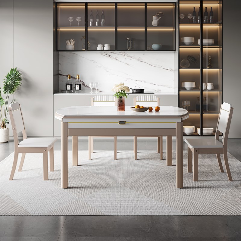 岩板实木餐桌椅可变圆桌家用现代简约可伸缩小户型奶油风饭桌