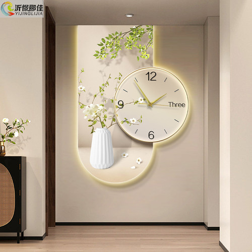 玄关装饰画LED发光灯画带钟表走廊客厅过道挂画清新简约2023新款