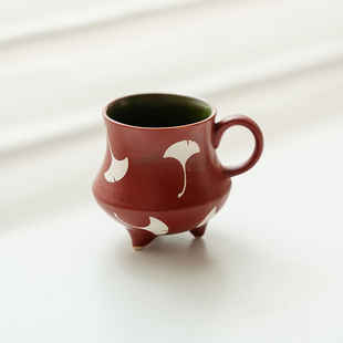 拓土粗陶茶杯带把粉引银杏叶三足功夫喝茶杯陶瓷家用主人杯品茗杯