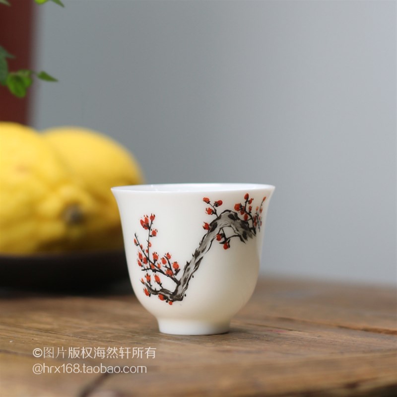 潮州骨瓷茶杯 超薄骨瓷工夫茶杯 高温手绘红梅高骨杯  功夫茶具