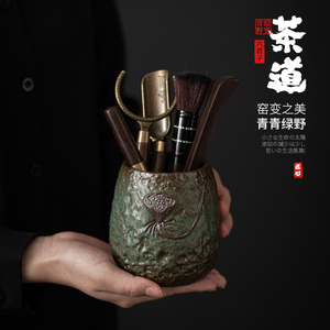蕴华堂 窑变青野莲蓬茶道六君子套装 复古绿釉家用黑檀木茶具配件