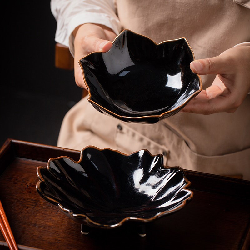 莳绘金缮景德镇中式复古异形陶瓷菜盘家用餐盘茶点小吃水果盘餐具