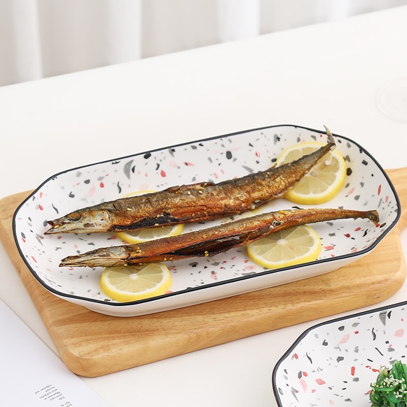蒸鱼盘子长方鱼盘釉下彩千顺餐具陶瓷家用菜盘炸串料理烤鱼寿司盘