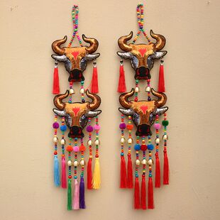 云南彝族绣花牛头挂件风铃挂饰餐厅客厅民俗茶室壁挂软装布艺饰品
