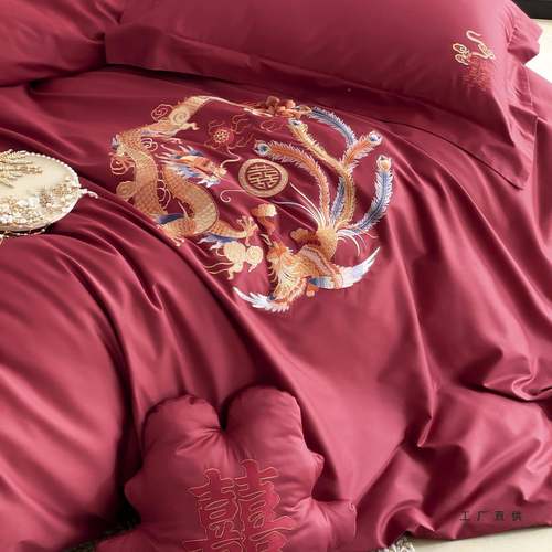 新中式庆龙刺绣红色结凤婚四件套棉质10支长绒棉陪嫁F99HTT890喜