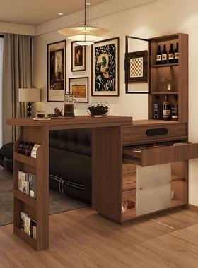 实木复HSU古风吧伸缩台吧台桌柜断边柜家用隔客厅小吧台餐桌一体