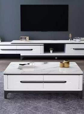 现代简岩板方小形茶几户型厅创意客黑加白大理石电视PWT柜茶几约