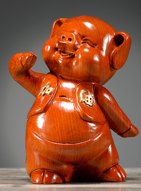 花梨木雕猪摆件努力加油猪可爱生肖动物实木质家居客厅装饰工艺品