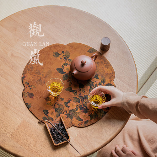 观岚复古香云纱双面茶席中式家用圆形干泡席茶垫防水隔热桌旗茶台