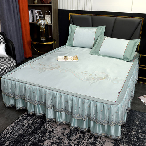 夏季凉席冰丝席可水洗床裙款三件套可折叠加厚空调席子可脱卸防滑