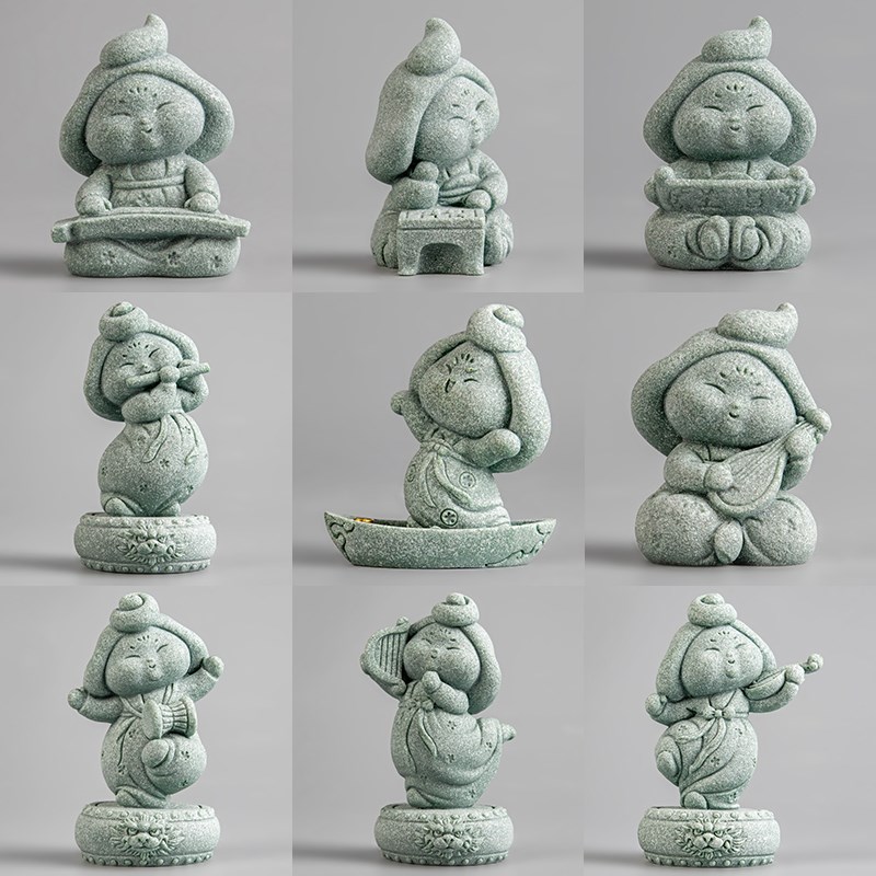 青砂石国潮风中式唐仕女茶几桌面茶玩茶宠园艺鱼缸造景装饰品摆件