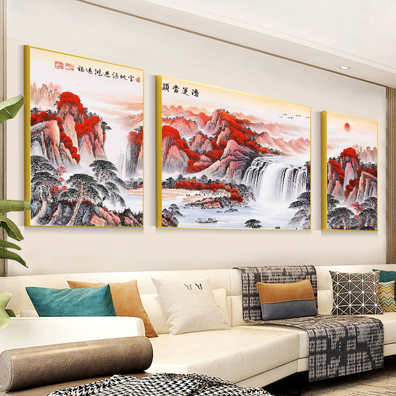 中式鸿运当头国画山水画客厅装饰画沙发背景墙招财挂画三联晶瓷画